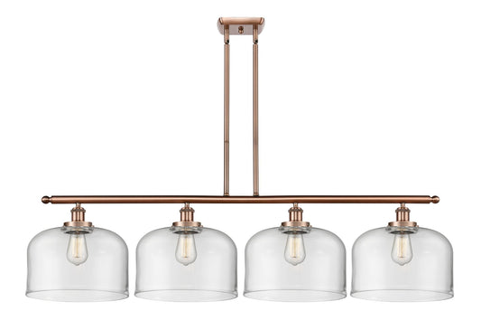 916-4I-AC-G72-L 4-Light 48" Antique Copper Island Light - Clear X-Large Bell Glass - LED Bulb - Dimmensions: 48 x 8 x 10<br>Minimum Height : 20.375<br>Maximum Height : 44.375 - Sloped Ceiling Compatible: Yes