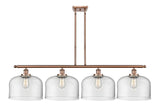 916-4I-AC-G72-L 4-Light 48" Antique Copper Island Light - Clear X-Large Bell Glass - LED Bulb - Dimmensions: 48 x 8 x 10<br>Minimum Height : 20.375<br>Maximum Height : 44.375 - Sloped Ceiling Compatible: Yes