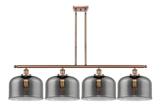 916-4I-AC-G73-L 4-Light 48" Antique Copper Island Light - Plated Smoke X-Large Bell Glass - LED Bulb - Dimmensions: 48 x 8 x 10<br>Minimum Height : 20.375<br>Maximum Height : 44.375 - Sloped Ceiling Compatible: Yes