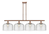 916-4I-AC-G74-L 4-Light 48" Antique Copper Island Light - Seedy X-Large Bell Glass - LED Bulb - Dimmensions: 48 x 8 x 10<br>Minimum Height : 20.375<br>Maximum Height : 44.375 - Sloped Ceiling Compatible: Yes