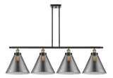 916-4I-BAB-G43-L 4-Light 48" Black Antique Brass Island Light - Plated Smoke Cone 12" Glass - LED Bulb - Dimmensions: 48 x 8 x 10<br>Minimum Height : 20.375<br>Maximum Height : 44.375 - Sloped Ceiling Compatible: Yes