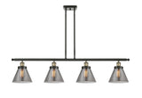 916-4I-BAB-G43 4-Light 48" Black Antique Brass Island Light - Plated Smoke Large Cone Glass - LED Bulb - Dimmensions: 48 x 8 x 10<br>Minimum Height : 20.375<br>Maximum Height : 44.375 - Sloped Ceiling Compatible: Yes