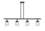 916-4I-BAB-G52 4-Light 48" Black Antique Brass Island Light - Clear Small Bell Glass - LED Bulb - Dimmensions: 48 x 5 x 10<br>Minimum Height : 19.375<br>Maximum Height : 43.375 - Sloped Ceiling Compatible: Yes