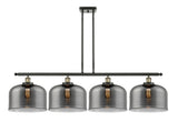 916-4I-BAB-G73-L 4-Light 48" Black Antique Brass Island Light - Plated Smoke X-Large Bell Glass - LED Bulb - Dimmensions: 48 x 8 x 10<br>Minimum Height : 20.375<br>Maximum Height : 44.375 - Sloped Ceiling Compatible: Yes