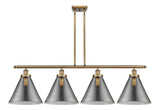 916-4I-BB-G43-L 4-Light 48" Brushed Brass Island Light - Plated Smoke Cone 12" Glass - LED Bulb - Dimmensions: 48 x 8 x 10<br>Minimum Height : 20.375<br>Maximum Height : 44.375 - Sloped Ceiling Compatible: Yes