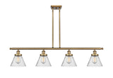 916-4I-BB-G44 4-Light 48" Brushed Brass Island Light - Seedy Large Cone Glass - LED Bulb - Dimmensions: 48 x 8 x 10<br>Minimum Height : 20.375<br>Maximum Height : 44.375 - Sloped Ceiling Compatible: Yes