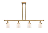 916-4I-BB-G51 4-Light 48" Brushed Brass Island Light - Matte White Cased Small Bell Glass - LED Bulb - Dimmensions: 48 x 5 x 10<br>Minimum Height : 19.375<br>Maximum Height : 43.375 - Sloped Ceiling Compatible: Yes