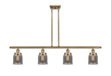 916-4I-BB-G53 4-Light 48" Brushed Brass Island Light - Plated Smoke Small Bell Glass - LED Bulb - Dimmensions: 48 x 5 x 10<br>Minimum Height : 19.375<br>Maximum Height : 43.375 - Sloped Ceiling Compatible: Yes