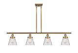 916-4I-BB-G62 4-Light 48" Brushed Brass Island Light - Clear Small Cone Glass - LED Bulb - Dimmensions: 48 x 6 x 10<br>Minimum Height : 19.375<br>Maximum Height : 43.375 - Sloped Ceiling Compatible: Yes