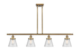916-4I-BB-G64 4-Light 48" Brushed Brass Island Light - Seedy Small Cone Glass - LED Bulb - Dimmensions: 48 x 6 x 10<br>Minimum Height : 19.375<br>Maximum Height : 43.375 - Sloped Ceiling Compatible: Yes