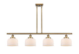 916-4I-BB-G71 4-Light 48" Brushed Brass Island Light - Matte White Cased Large Bell Glass - LED Bulb - Dimmensions: 48 x 8 x 10<br>Minimum Height : 20.375<br>Maximum Height : 44.375 - Sloped Ceiling Compatible: Yes