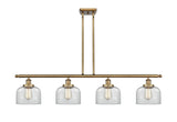 916-4I-BB-G72 4-Light 48" Brushed Brass Island Light - Clear Large Bell Glass - LED Bulb - Dimmensions: 48 x 8 x 10<br>Minimum Height : 20.375<br>Maximum Height : 44.375 - Sloped Ceiling Compatible: Yes