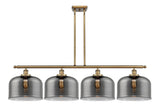 916-4I-BB-G73-L 4-Light 48" Brushed Brass Island Light - Plated Smoke X-Large Bell Glass - LED Bulb - Dimmensions: 48 x 8 x 10<br>Minimum Height : 20.375<br>Maximum Height : 44.375 - Sloped Ceiling Compatible: Yes