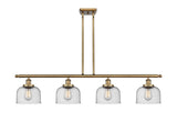 916-4I-BB-G74 4-Light 48" Brushed Brass Island Light - Seedy Large Bell Glass - LED Bulb - Dimmensions: 48 x 8 x 10<br>Minimum Height : 20.375<br>Maximum Height : 44.375 - Sloped Ceiling Compatible: Yes