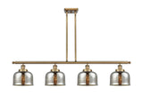 916-4I-BB-G78 4-Light 48" Brushed Brass Island Light - Silver Plated Mercury Large Bell Glass - LED Bulb - Dimmensions: 48 x 8 x 10<br>Minimum Height : 20.375<br>Maximum Height : 44.375 - Sloped Ceiling Compatible: Yes