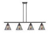 916-4I-BK-G43 4-Light 48" Matte Black Island Light - Plated Smoke Large Cone Glass - LED Bulb - Dimmensions: 48 x 8 x 10<br>Minimum Height : 20.375<br>Maximum Height : 44.375 - Sloped Ceiling Compatible: Yes