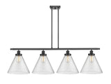 916-4I-BK-G44-L 4-Light 48" Matte Black Island Light - Seedy Cone 12" Glass - LED Bulb - Dimmensions: 48 x 8 x 10<br>Minimum Height : 20.375<br>Maximum Height : 44.375 - Sloped Ceiling Compatible: Yes