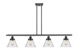 916-4I-BK-G44 4-Light 48" Matte Black Island Light - Seedy Large Cone Glass - LED Bulb - Dimmensions: 48 x 8 x 10<br>Minimum Height : 20.375<br>Maximum Height : 44.375 - Sloped Ceiling Compatible: Yes