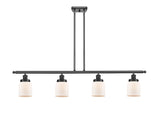 916-4I-BK-G51 4-Light 48" Matte Black Island Light - Matte White Cased Small Bell Glass - LED Bulb - Dimmensions: 48 x 5 x 10<br>Minimum Height : 19.375<br>Maximum Height : 43.375 - Sloped Ceiling Compatible: Yes