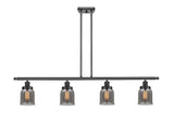 916-4I-BK-G53 4-Light 48" Matte Black Island Light - Plated Smoke Small Bell Glass - LED Bulb - Dimmensions: 48 x 5 x 10<br>Minimum Height : 19.375<br>Maximum Height : 43.375 - Sloped Ceiling Compatible: Yes