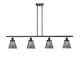 916-4I-BK-G63 4-Light 48" Matte Black Island Light - Plated Smoke Small Cone Glass - LED Bulb - Dimmensions: 48 x 6 x 10<br>Minimum Height : 19.375<br>Maximum Height : 43.375 - Sloped Ceiling Compatible: Yes