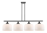916-4I-BK-G71-L 4-Light 48" Matte Black Island Light - Matte White Cased X-Large Bell Glass - LED Bulb - Dimmensions: 48 x 8 x 10<br>Minimum Height : 20.375<br>Maximum Height : 44.375 - Sloped Ceiling Compatible: Yes