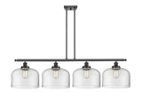 916-4I-BK-G72-L 4-Light 48" Matte Black Island Light - Clear X-Large Bell Glass - LED Bulb - Dimmensions: 48 x 8 x 10<br>Minimum Height : 20.375<br>Maximum Height : 44.375 - Sloped Ceiling Compatible: Yes
