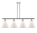 916-4I-PC-G41-L 4-Light 48" Polished Chrome Island Light - Matte White Cased Cone 12" Glass - LED Bulb - Dimmensions: 48 x 8 x 10<br>Minimum Height : 20.375<br>Maximum Height : 44.375 - Sloped Ceiling Compatible: Yes