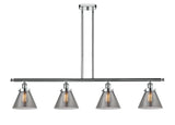 916-4I-PC-G43 4-Light 48" Polished Chrome Island Light - Plated Smoke Large Cone Glass - LED Bulb - Dimmensions: 48 x 8 x 10<br>Minimum Height : 20.375<br>Maximum Height : 44.375 - Sloped Ceiling Compatible: Yes