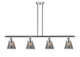 916-4I-PC-G63 4-Light 48" Polished Chrome Island Light - Plated Smoke Small Cone Glass - LED Bulb - Dimmensions: 48 x 6 x 10<br>Minimum Height : 19.375<br>Maximum Height : 43.375 - Sloped Ceiling Compatible: Yes