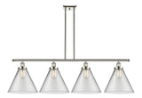 916-4I-PN-G42-L 4-Light 48" Polished Nickel Island Light - Clear Cone 12" Glass - LED Bulb - Dimmensions: 48 x 8 x 10<br>Minimum Height : 20.375<br>Maximum Height : 44.375 - Sloped Ceiling Compatible: Yes