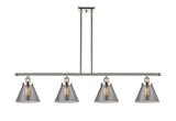 916-4I-PN-G43 4-Light 48" Polished Nickel Island Light - Plated Smoke Large Cone Glass - LED Bulb - Dimmensions: 48 x 8 x 10<br>Minimum Height : 20.375<br>Maximum Height : 44.375 - Sloped Ceiling Compatible: Yes