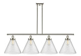 916-4I-PN-G44-L 4-Light 48" Polished Nickel Island Light - Seedy Cone 12" Glass - LED Bulb - Dimmensions: 48 x 8 x 10<br>Minimum Height : 20.375<br>Maximum Height : 44.375 - Sloped Ceiling Compatible: Yes
