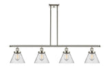 916-4I-PN-G44 4-Light 48" Polished Nickel Island Light - Seedy Large Cone Glass - LED Bulb - Dimmensions: 48 x 8 x 10<br>Minimum Height : 20.375<br>Maximum Height : 44.375 - Sloped Ceiling Compatible: Yes