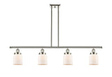 916-4I-PN-G51 4-Light 48" Polished Nickel Island Light - Matte White Cased Small Bell Glass - LED Bulb - Dimmensions: 48 x 5 x 10<br>Minimum Height : 19.375<br>Maximum Height : 43.375 - Sloped Ceiling Compatible: Yes