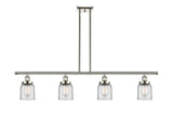916-4I-PN-G52 4-Light 48" Polished Nickel Island Light - Clear Small Bell Glass - LED Bulb - Dimmensions: 48 x 5 x 10<br>Minimum Height : 19.375<br>Maximum Height : 43.375 - Sloped Ceiling Compatible: Yes