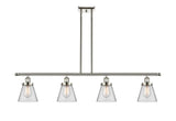 916-4I-PN-G62 4-Light 48" Polished Nickel Island Light - Clear Small Cone Glass - LED Bulb - Dimmensions: 48 x 6 x 10<br>Minimum Height : 19.375<br>Maximum Height : 43.375 - Sloped Ceiling Compatible: Yes
