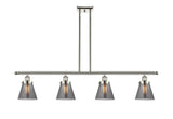 916-4I-PN-G63 4-Light 48" Polished Nickel Island Light - Plated Smoke Small Cone Glass - LED Bulb - Dimmensions: 48 x 6 x 10<br>Minimum Height : 19.375<br>Maximum Height : 43.375 - Sloped Ceiling Compatible: Yes