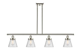 916-4I-PN-G64 4-Light 48" Polished Nickel Island Light - Seedy Small Cone Glass - LED Bulb - Dimmensions: 48 x 6 x 10<br>Minimum Height : 19.375<br>Maximum Height : 43.375 - Sloped Ceiling Compatible: Yes