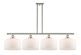 916-4I-PN-G71-L 4-Light 48" Polished Nickel Island Light - Matte White Cased X-Large Bell Glass - LED Bulb - Dimmensions: 48 x 8 x 10<br>Minimum Height : 20.375<br>Maximum Height : 44.375 - Sloped Ceiling Compatible: Yes