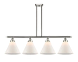 916-4I-SN-G41-L 4-Light 48" Brushed Satin Nickel Island Light - Matte White Cased Cone 12" Glass - LED Bulb - Dimmensions: 48 x 8 x 10<br>Minimum Height : 20.375<br>Maximum Height : 44.375 - Sloped Ceiling Compatible: Yes