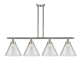 916-4I-SN-G42-L 4-Light 48" Brushed Satin Nickel Island Light - Clear Cone 12" Glass - LED Bulb - Dimmensions: 48 x 8 x 10<br>Minimum Height : 20.375<br>Maximum Height : 44.375 - Sloped Ceiling Compatible: Yes