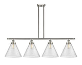 916-4I-SN-G44-L 4-Light 48" Brushed Satin Nickel Island Light - Seedy Cone 12" Glass - LED Bulb - Dimmensions: 48 x 8 x 10<br>Minimum Height : 20.375<br>Maximum Height : 44.375 - Sloped Ceiling Compatible: Yes