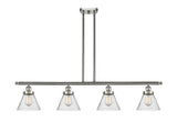 916-4I-SN-G44 4-Light 48" Brushed Satin Nickel Island Light - Seedy Large Cone Glass - LED Bulb - Dimmensions: 48 x 8 x 10<br>Minimum Height : 20.375<br>Maximum Height : 44.375 - Sloped Ceiling Compatible: Yes