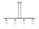 916-4I-SN-G51 4-Light 48" Brushed Satin Nickel Island Light - Matte White Cased Small Bell Glass - LED Bulb - Dimmensions: 48 x 5 x 10<br>Minimum Height : 19.375<br>Maximum Height : 43.375 - Sloped Ceiling Compatible: Yes