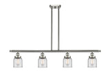 916-4I-SN-G52 4-Light 48" Brushed Satin Nickel Island Light - Clear Small Bell Glass - LED Bulb - Dimmensions: 48 x 5 x 10<br>Minimum Height : 19.375<br>Maximum Height : 43.375 - Sloped Ceiling Compatible: Yes