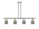 916-4I-SN-G53 4-Light 48" Brushed Satin Nickel Island Light - Plated Smoke Small Bell Glass - LED Bulb - Dimmensions: 48 x 5 x 10<br>Minimum Height : 19.375<br>Maximum Height : 43.375 - Sloped Ceiling Compatible: Yes