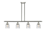 916-4I-SN-G54 4-Light 48" Brushed Satin Nickel Island Light - Seedy Small Bell Glass - LED Bulb - Dimmensions: 48 x 5 x 10<br>Minimum Height : 19.375<br>Maximum Height : 43.375 - Sloped Ceiling Compatible: Yes