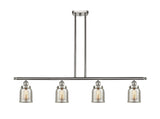 916-4I-SN-G58 4-Light 48" Brushed Satin Nickel Island Light - Silver Plated Mercury Small Bell Glass - LED Bulb - Dimmensions: 48 x 5 x 10<br>Minimum Height : 19.375<br>Maximum Height : 43.375 - Sloped Ceiling Compatible: Yes