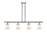 916-4I-SN-G61 4-Light 48" Brushed Satin Nickel Island Light - Matte White Cased Small Cone Glass - LED Bulb - Dimmensions: 48 x 6 x 10<br>Minimum Height : 19.375<br>Maximum Height : 43.375 - Sloped Ceiling Compatible: Yes